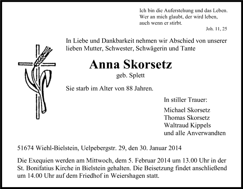  Traueranzeige für Anna Skorsetz vom 01.02.2014 aus Kölner Stadt-Anzeiger / Kölnische Rundschau / Express