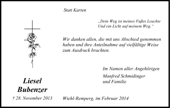 Anzeige von Liesel Bubenzer von Kölner Stadt-Anzeiger / Kölnische Rundschau / Express