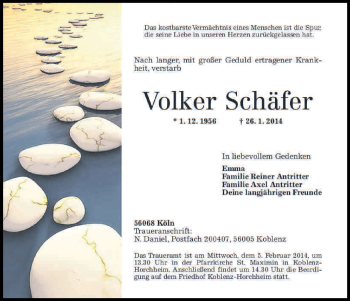 Anzeige von Volker Schäfer von Kölner Stadt-Anzeiger / Kölnische Rundschau / Express
