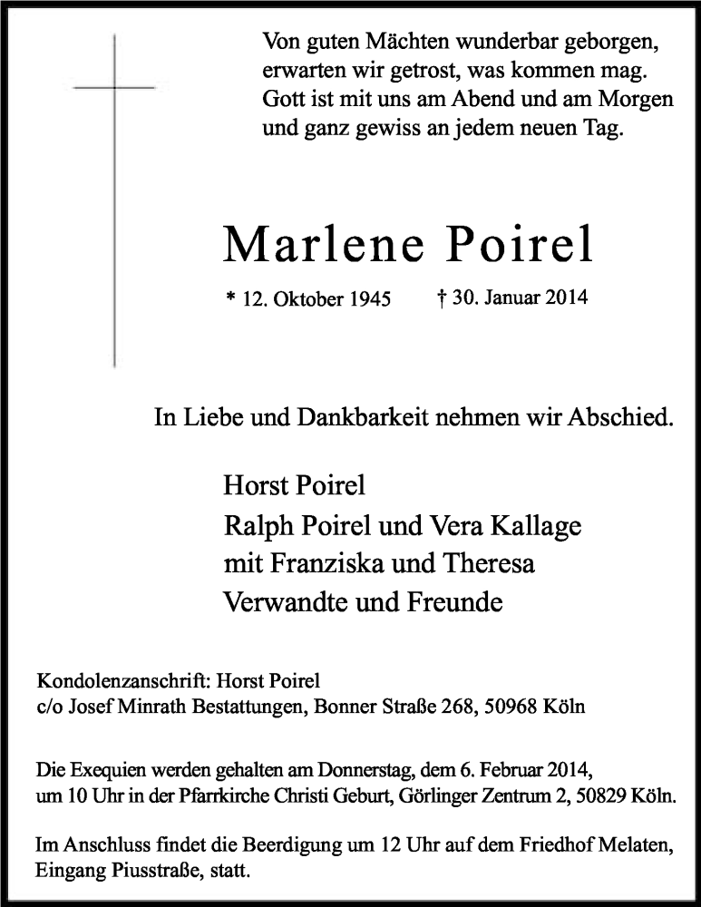  Traueranzeige für Marlene Poirel vom 03.02.2014 aus Kölner Stadt-Anzeiger / Kölnische Rundschau / Express