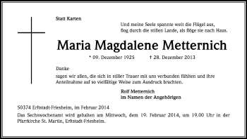 Anzeige von Maria Magdalene Metternich von Kölner Stadt-Anzeiger / Kölnische Rundschau / Express
