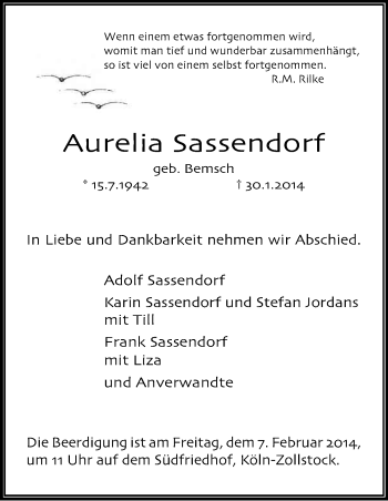 Anzeige von Aurelia Sassendorf von Kölner Stadt-Anzeiger / Kölnische Rundschau / Express