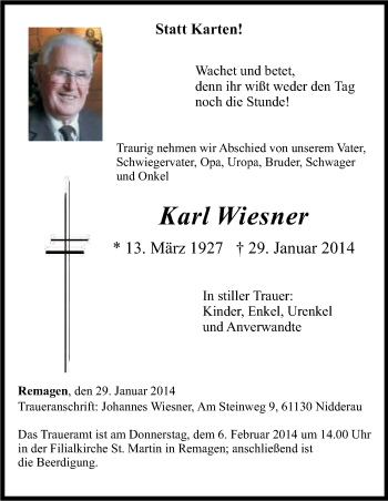 Anzeige von Karl Wiesner von Kölner Stadt-Anzeiger / Kölnische Rundschau / Express