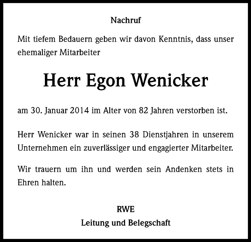  Traueranzeige für Egon Wenicker vom 06.02.2014 aus Kölner Stadt-Anzeiger / Kölnische Rundschau / Express