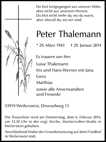 Anzeige von Peter Thalemann von Kölner Stadt-Anzeiger / Kölnische Rundschau / Express