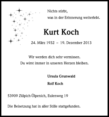 Anzeige von Kurt Koch von Kölner Stadt-Anzeiger / Kölnische Rundschau / Express