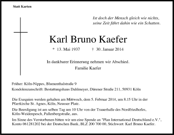 Anzeige von Karl Bruno Kaefer von Kölner Stadt-Anzeiger / Kölnische Rundschau / Express