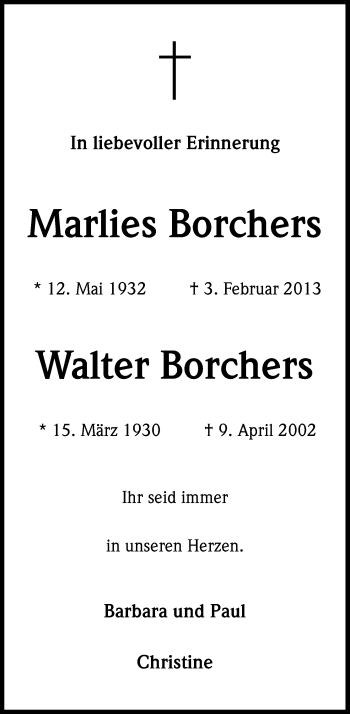 Anzeige von Marlies Borchers von Kölner Stadt-Anzeiger / Kölnische Rundschau / Express