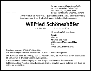 Anzeige von Wilfried Schöneshöfer von Kölner Stadt-Anzeiger / Kölnische Rundschau / Express