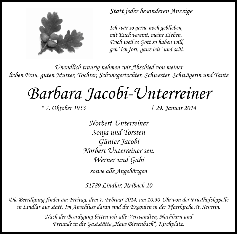  Traueranzeige für Barbara Jacobi-Unterreiner vom 04.02.2014 aus Kölner Stadt-Anzeiger / Kölnische Rundschau / Express