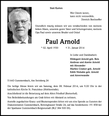 Anzeige von Paul Arnold von Kölner Stadt-Anzeiger / Kölnische Rundschau / Express