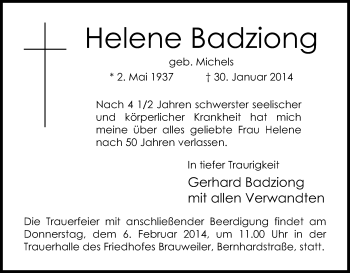 Anzeige von Helene Badziong von Kölner Stadt-Anzeiger / Kölnische Rundschau / Express