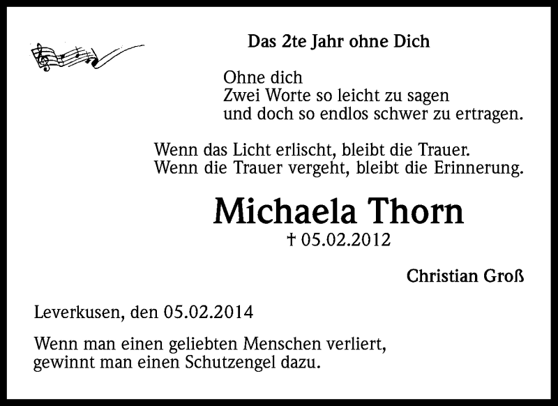  Traueranzeige für Michaela Thorn vom 05.02.2014 aus Kölner Stadt-Anzeiger / Kölnische Rundschau / Express