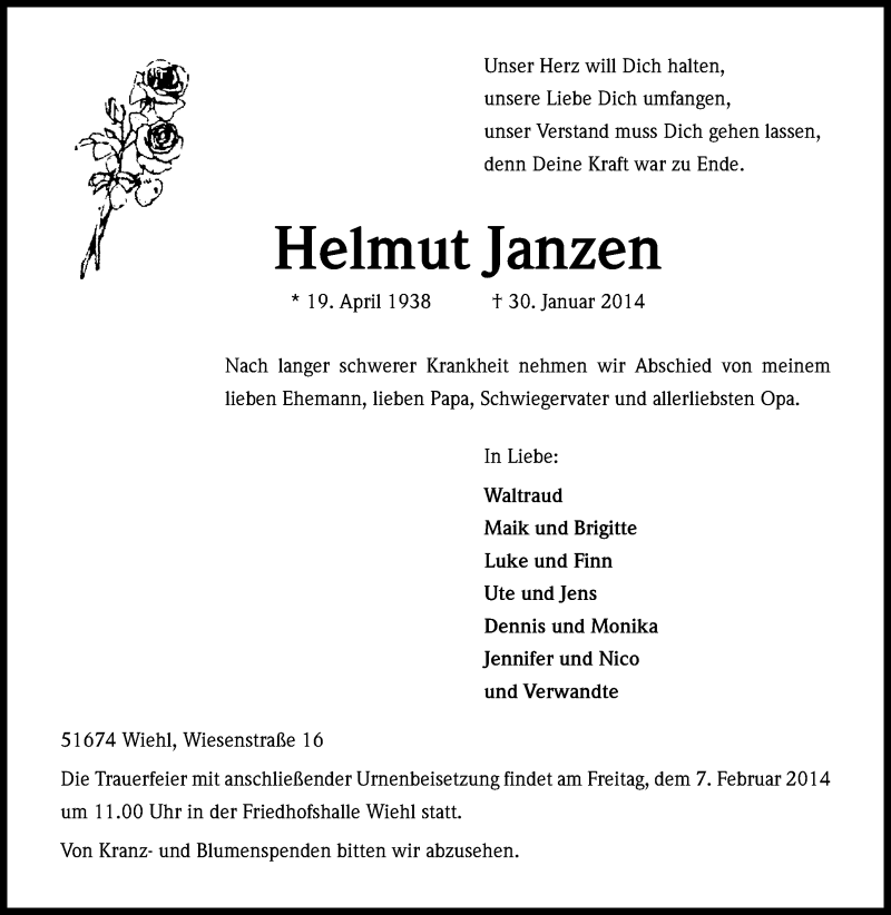  Traueranzeige für Helmut Janzen vom 04.02.2014 aus Kölner Stadt-Anzeiger / Kölnische Rundschau / Express