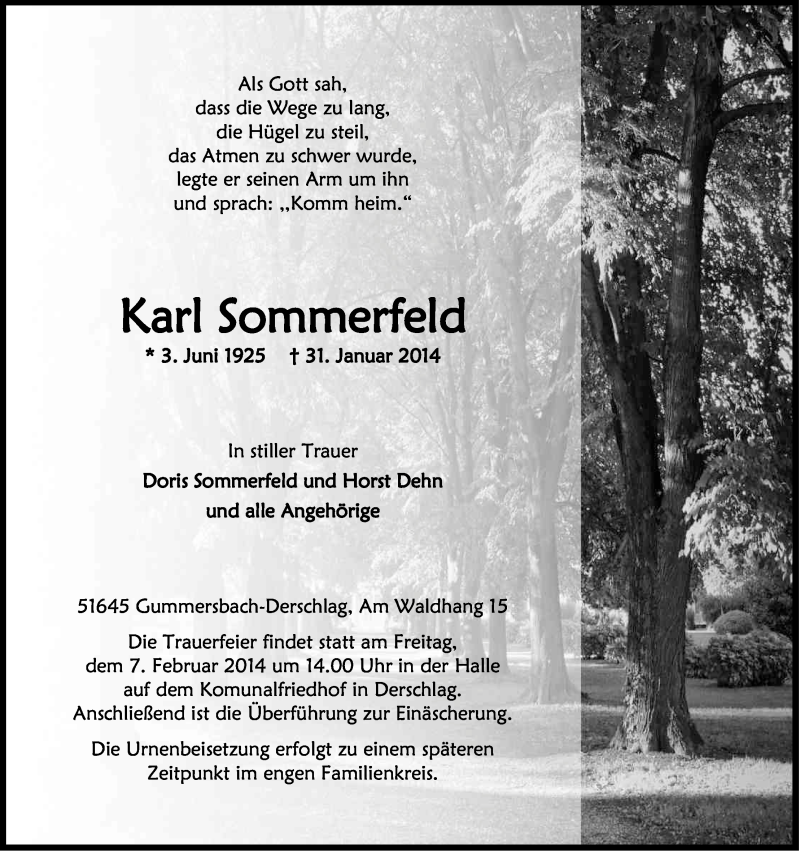  Traueranzeige für Karl Sommerfeld vom 04.02.2014 aus Kölner Stadt-Anzeiger / Kölnische Rundschau / Express
