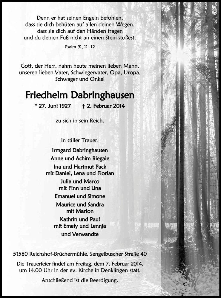  Traueranzeige für Friedhelm Dabringhausen vom 04.02.2014 aus Kölner Stadt-Anzeiger / Kölnische Rundschau / Express