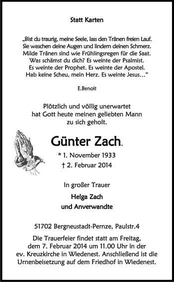 Anzeige von Günter Zach von Kölner Stadt-Anzeiger / Kölnische Rundschau / Express
