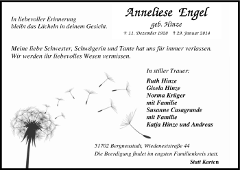 Anzeige von Anneliese Engel von Kölner Stadt-Anzeiger / Kölnische Rundschau / Express