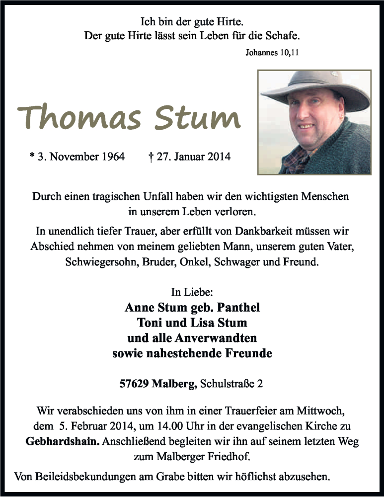  Traueranzeige für Thomas Stum vom 04.02.2014 aus Kölner Stadt-Anzeiger / Kölnische Rundschau / Express