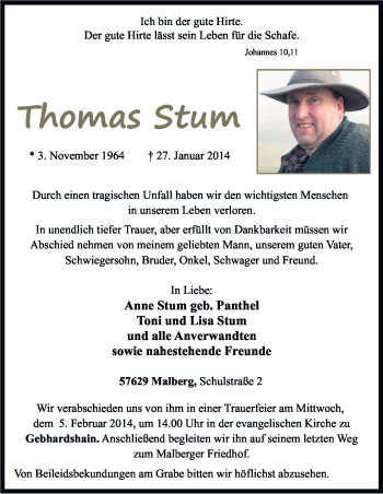 Anzeige von Thomas Stum von Kölner Stadt-Anzeiger / Kölnische Rundschau / Express