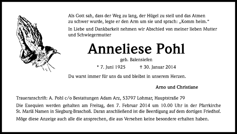  Traueranzeige für Anneliese Pohl vom 04.02.2014 aus Kölner Stadt-Anzeiger / Kölnische Rundschau / Express