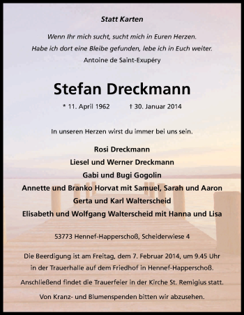 Anzeige von Stefan Dreckmann von Kölner Stadt-Anzeiger / Kölnische Rundschau / Express
