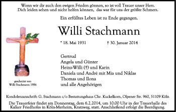 Anzeige von Willi Stachmann von Kölner Stadt-Anzeiger / Kölnische Rundschau / Express