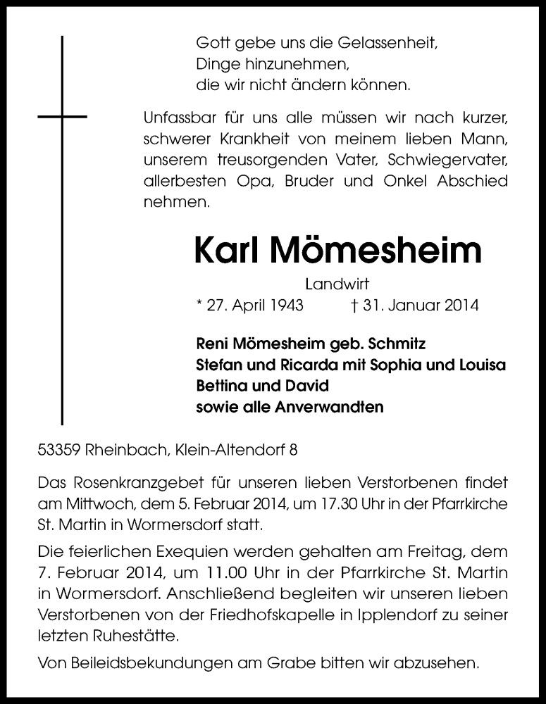  Traueranzeige für Karl Mömesheim vom 05.02.2014 aus Kölner Stadt-Anzeiger / Kölnische Rundschau / Express