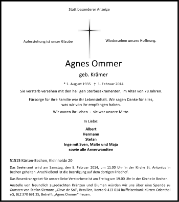 Anzeige von Agnes Ommer von Kölner Stadt-Anzeiger / Kölnische Rundschau / Express