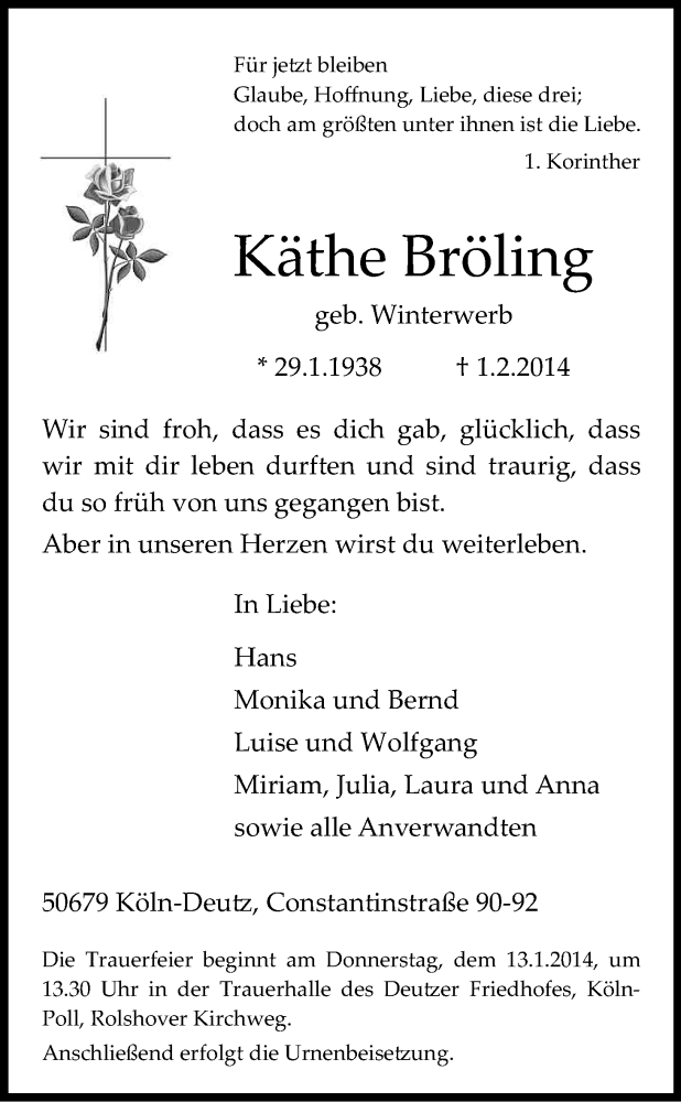  Traueranzeige für Käthe Bröling vom 08.02.2014 aus Kölner Stadt-Anzeiger / Kölnische Rundschau / Express