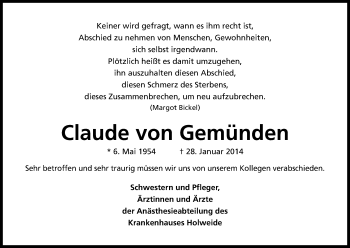 Anzeige von Claude von Gemünden von Kölner Stadt-Anzeiger / Kölnische Rundschau / Express
