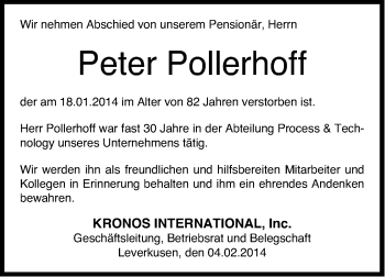 Anzeige von Peter Pollerhoff von Kölner Stadt-Anzeiger / Kölnische Rundschau / Express