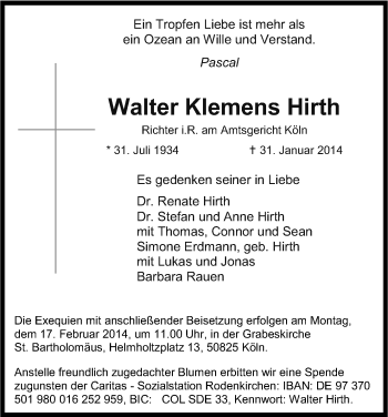 Anzeige von Walter Klemens Hirth von Kölner Stadt-Anzeiger / Kölnische Rundschau / Express