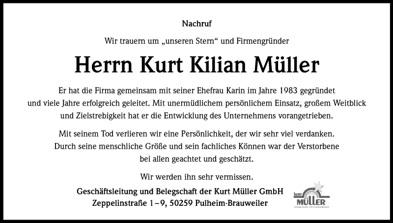  Traueranzeige für Kurt Kilian Müller vom 08.02.2014 aus Kölner Stadt-Anzeiger / Kölnische Rundschau / Express