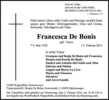 Anzeige von Francesca De Bonis von Kölner Stadt-Anzeiger / Kölnische Rundschau / Express