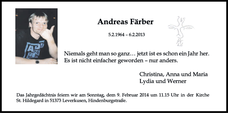  Traueranzeige für Andreas Färber vom 05.02.2014 aus Kölner Stadt-Anzeiger / Kölnische Rundschau / Express