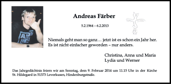 Anzeige von Andreas Färber von Kölner Stadt-Anzeiger / Kölnische Rundschau / Express