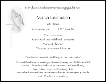 Anzeige von Maria Lehmann von Kölner Stadt-Anzeiger / Kölnische Rundschau / Express