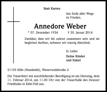 Anzeige von Annedore Weber von Kölner Stadt-Anzeiger / Kölnische Rundschau / Express