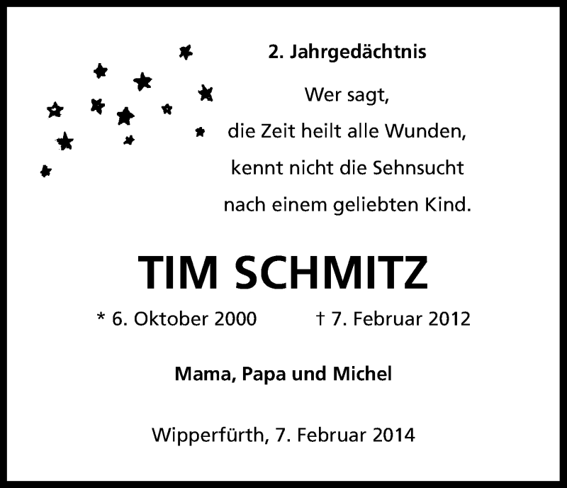 Traueranzeige für Tim Schmitz vom 07.02.2014 aus Kölner Stadt-Anzeiger / Kölnische Rundschau / Express