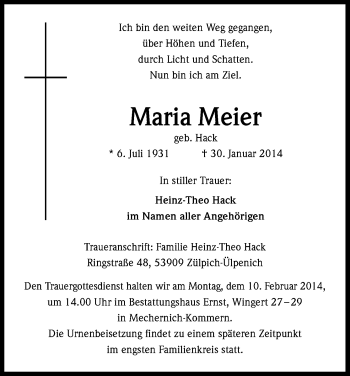 Anzeige von Maria Meier von Kölner Stadt-Anzeiger / Kölnische Rundschau / Express