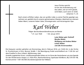 Anzeige von Karl Weber von Kölner Stadt-Anzeiger / Kölnische Rundschau / Express