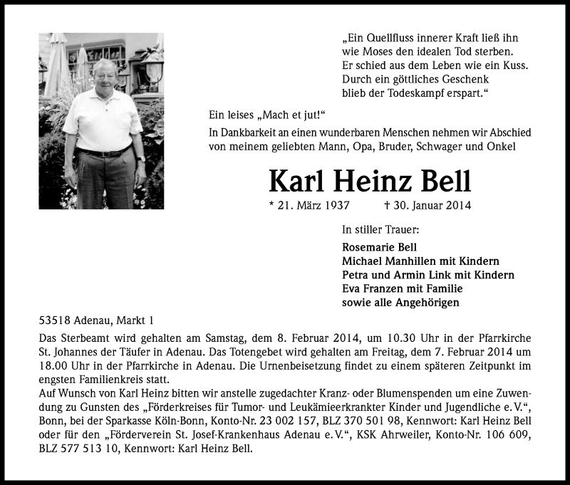  Traueranzeige für Karl Heinz Bell vom 05.02.2014 aus Kölner Stadt-Anzeiger / Kölnische Rundschau / Express
