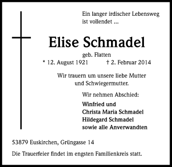 Anzeige von Elise Schmadel von Kölner Stadt-Anzeiger / Kölnische Rundschau / Express