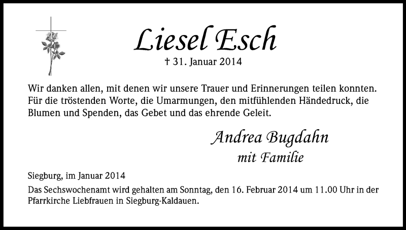  Traueranzeige für Liesel Esch vom 08.02.2014 aus Kölner Stadt-Anzeiger / Kölnische Rundschau / Express
