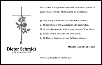 Anzeige von Dieter Schmidt von Kölner Stadt-Anzeiger / Kölnische Rundschau / Express