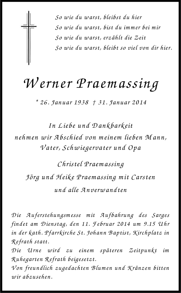  Traueranzeige für Werner Praemassing vom 08.02.2014 aus Kölner Stadt-Anzeiger / Kölnische Rundschau / Express