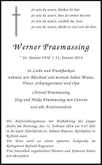Anzeige von Werner Praemassing von Kölner Stadt-Anzeiger / Kölnische Rundschau / Express