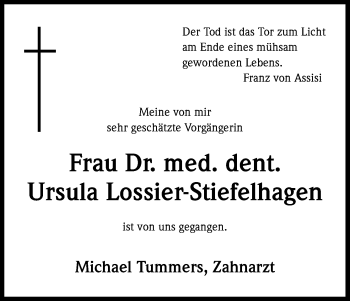 Anzeige von Ursula Lossier-Stiefelhagen von Kölner Stadt-Anzeiger / Kölnische Rundschau / Express