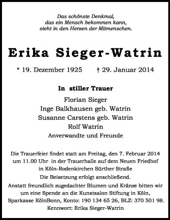 Anzeige von Erika Sieger-Watrin von Kölner Stadt-Anzeiger / Kölnische Rundschau / Express